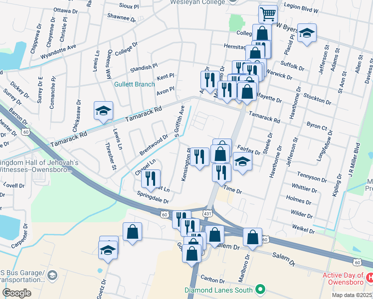 map of restaurants, bars, coffee shops, grocery stores, and more near 3934 Kensington Place in Owensboro