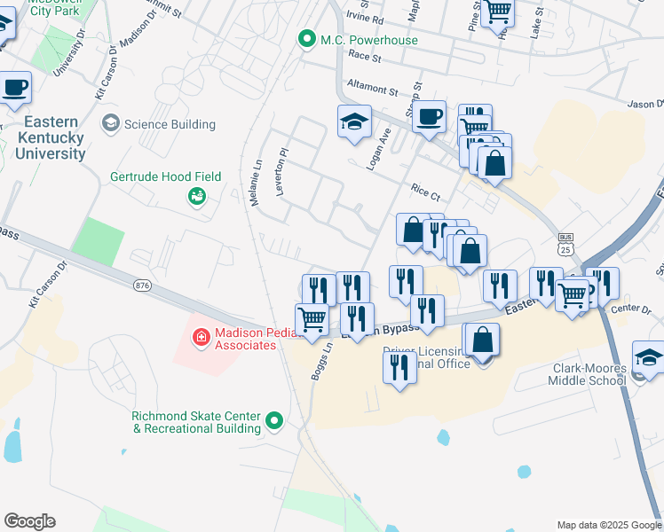 map of restaurants, bars, coffee shops, grocery stores, and more near 415 Gibson Lane in Richmond