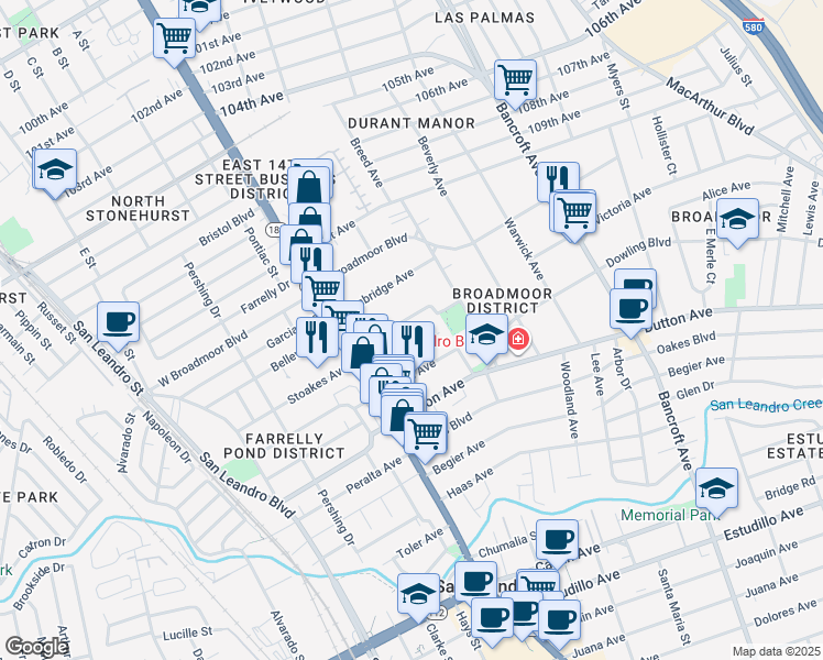 map of restaurants, bars, coffee shops, grocery stores, and more near 165 Sunnyside Drive in San Leandro