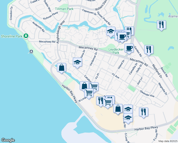 map of restaurants, bars, coffee shops, grocery stores, and more near 1142 Verdemar Drive in Alameda