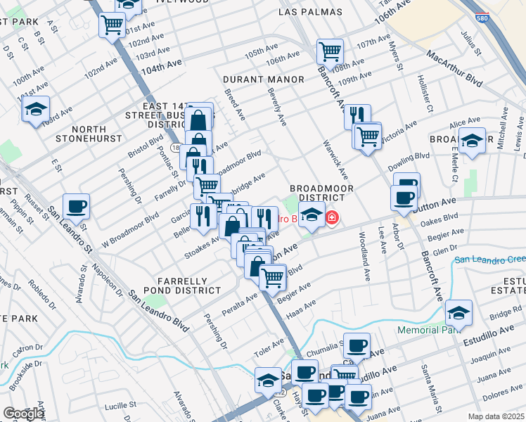 map of restaurants, bars, coffee shops, grocery stores, and more near 165 Sunnyside Drive in San Leandro