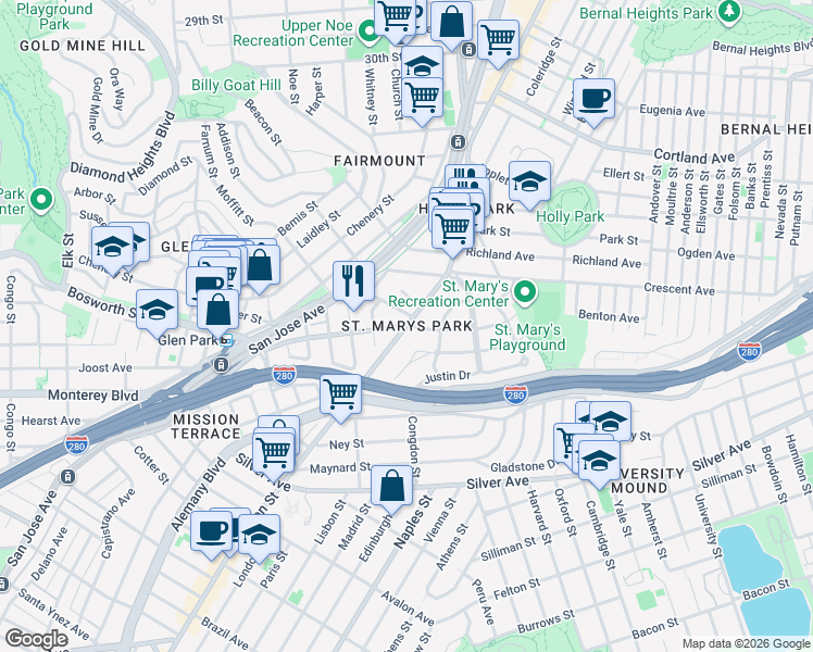 map of restaurants, bars, coffee shops, grocery stores, and more near Mission Street & Bosworth Street in San Francisco