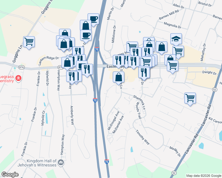 map of restaurants, bars, coffee shops, grocery stores, and more near 101 Manna Drive in Richmond