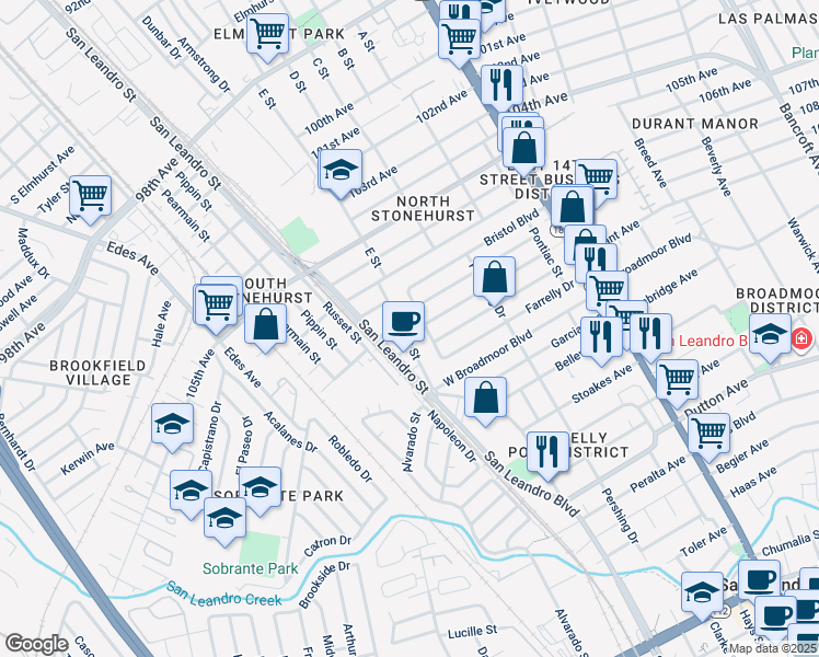 map of restaurants, bars, coffee shops, grocery stores, and more near 79 Dorchester Avenue in San Leandro