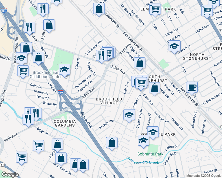 map of restaurants, bars, coffee shops, grocery stores, and more near 443 Stoneford Avenue in Oakland