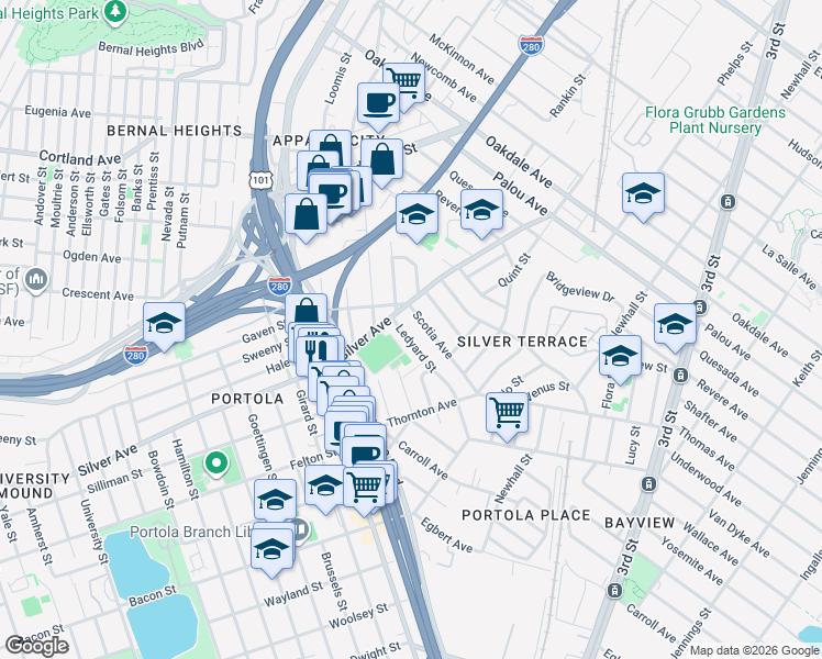 map of restaurants, bars, coffee shops, grocery stores, and more near 37 Scotia Avenue in San Francisco