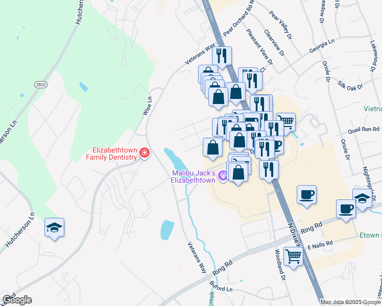 map of restaurants, bars, coffee shops, grocery stores, and more near 304 Cs-1393 in Elizabethtown