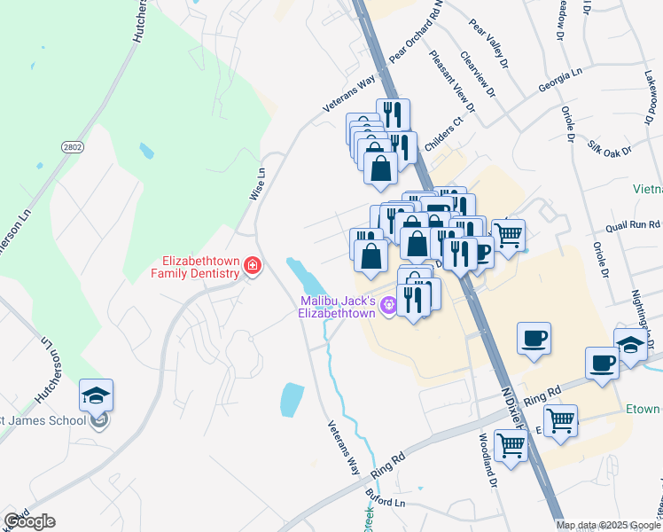 map of restaurants, bars, coffee shops, grocery stores, and more near 304 Cs-1393 in Elizabethtown