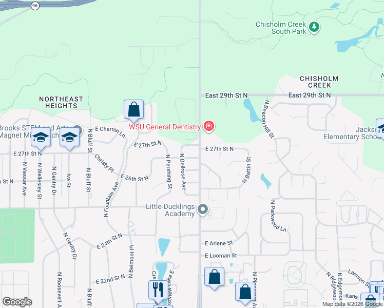 map of restaurants, bars, coffee shops, grocery stores, and more near 4743 E 27th St N in Wichita