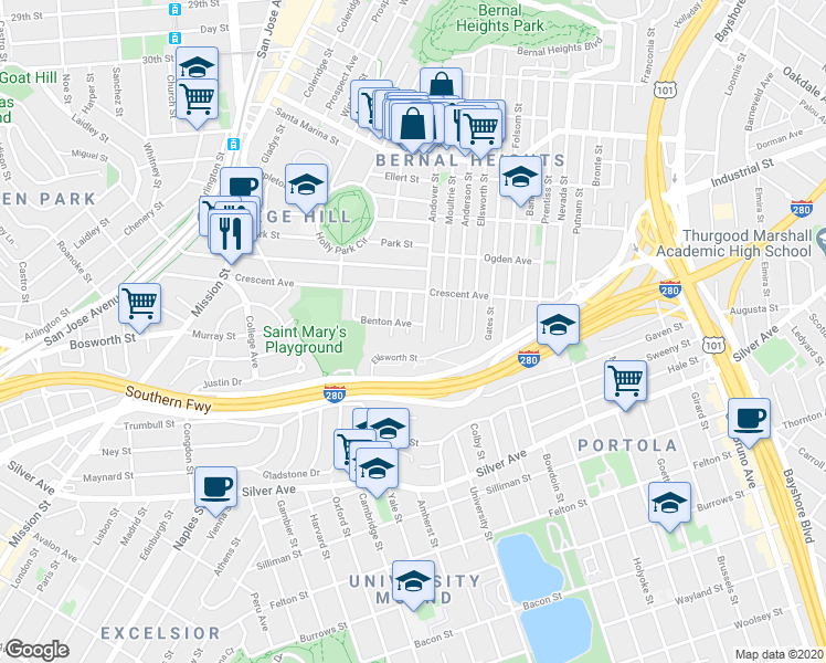 map of restaurants, bars, coffee shops, grocery stores, and more near in San Francisco