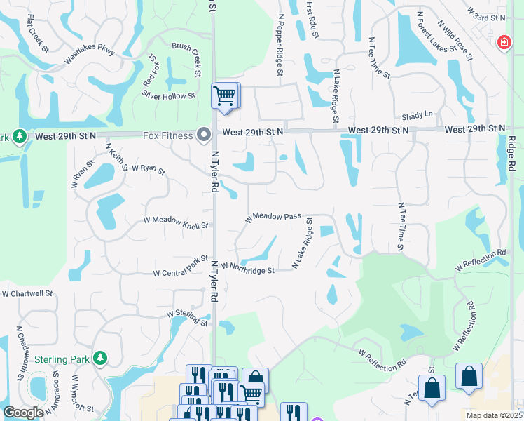 map of restaurants, bars, coffee shops, grocery stores, and more near 8502 West Meadow Pass in Wichita