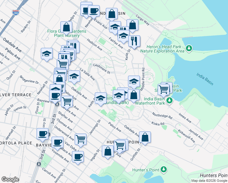 map of restaurants, bars, coffee shops, grocery stores, and more near 2 Progress Street in San Francisco