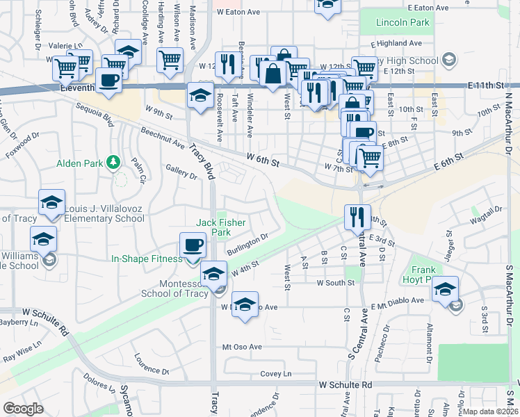 map of restaurants, bars, coffee shops, grocery stores, and more near 435 Centre Court Drive in Tracy