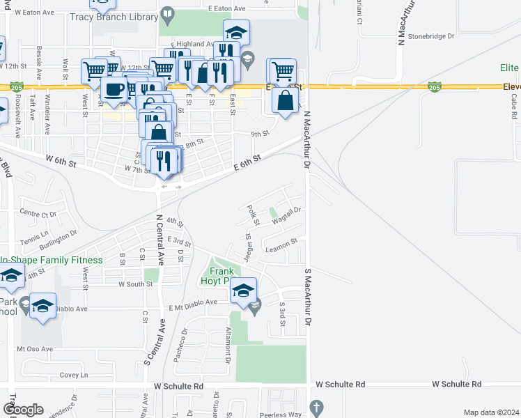 map of restaurants, bars, coffee shops, grocery stores, and more near 421 Falcon Court in Tracy