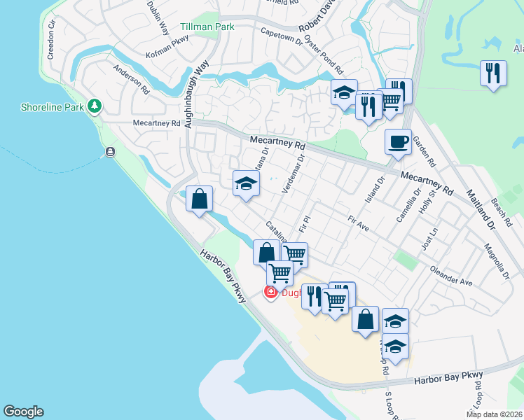 map of restaurants, bars, coffee shops, grocery stores, and more near 3032 Linda Vista in Alameda