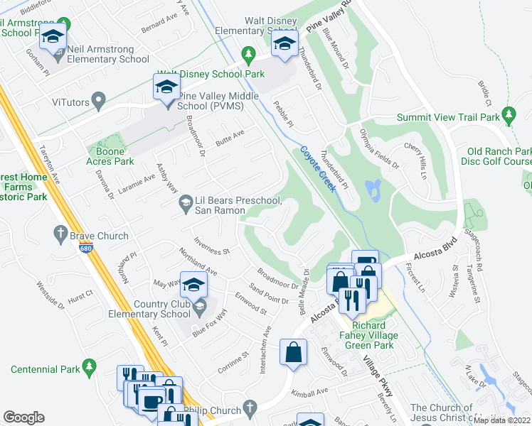 map of restaurants, bars, coffee shops, grocery stores, and more near 21 Milburn Court in San Ramon