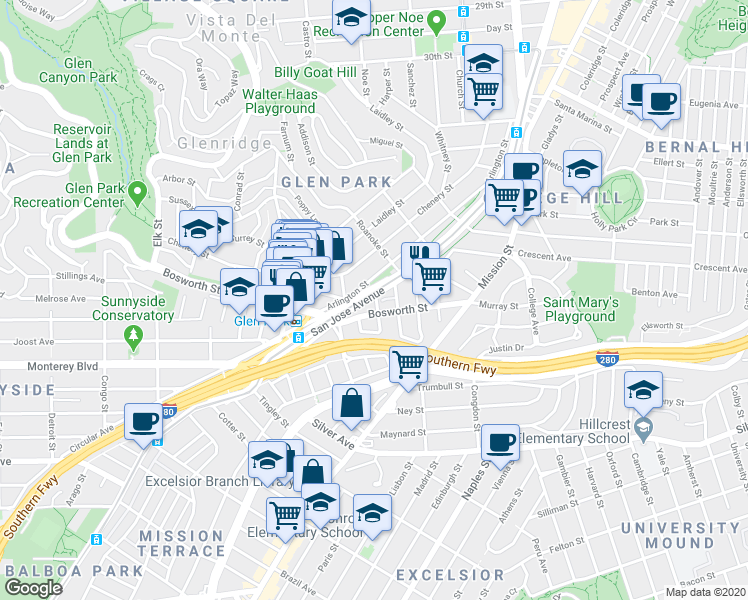 map of restaurants, bars, coffee shops, grocery stores, and more near 2 Rousseau Street in San Francisco