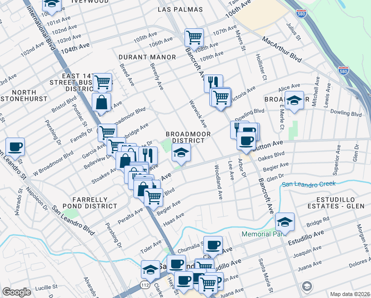 map of restaurants, bars, coffee shops, grocery stores, and more near 348 Dowling Boulevard in San Leandro