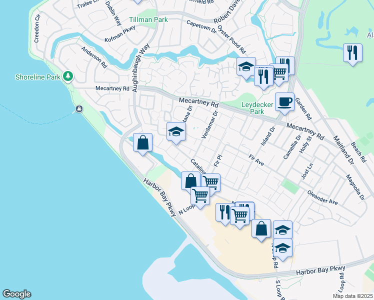 map of restaurants, bars, coffee shops, grocery stores, and more near 3032 Linda Vista in Alameda