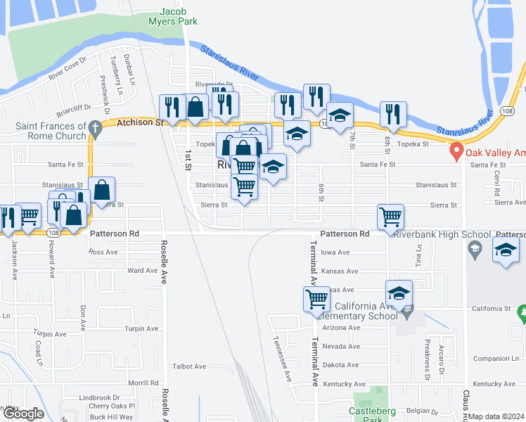 map of restaurants, bars, coffee shops, grocery stores, and more near 3338 Sierra Street in Riverbank