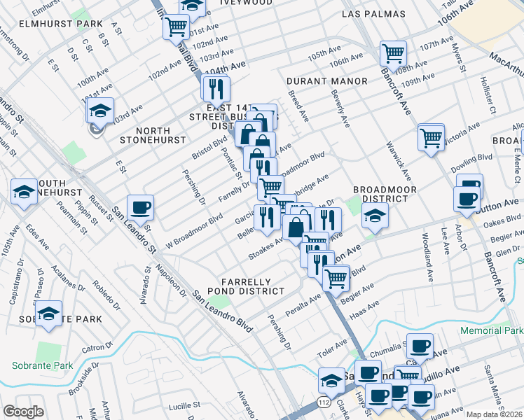 map of restaurants, bars, coffee shops, grocery stores, and more near 159 Garcia Avenue in San Leandro