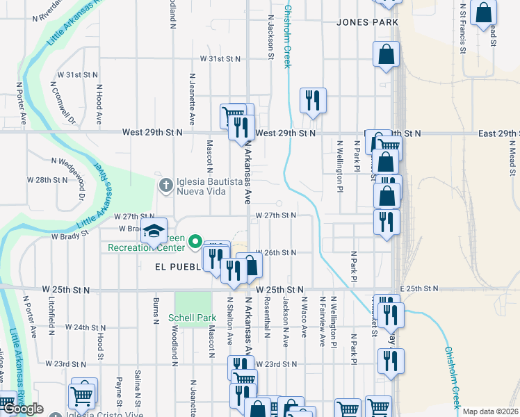 map of restaurants, bars, coffee shops, grocery stores, and more near 649 West North Court in Wichita