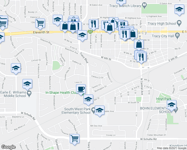 map of restaurants, bars, coffee shops, grocery stores, and more near in Tracy