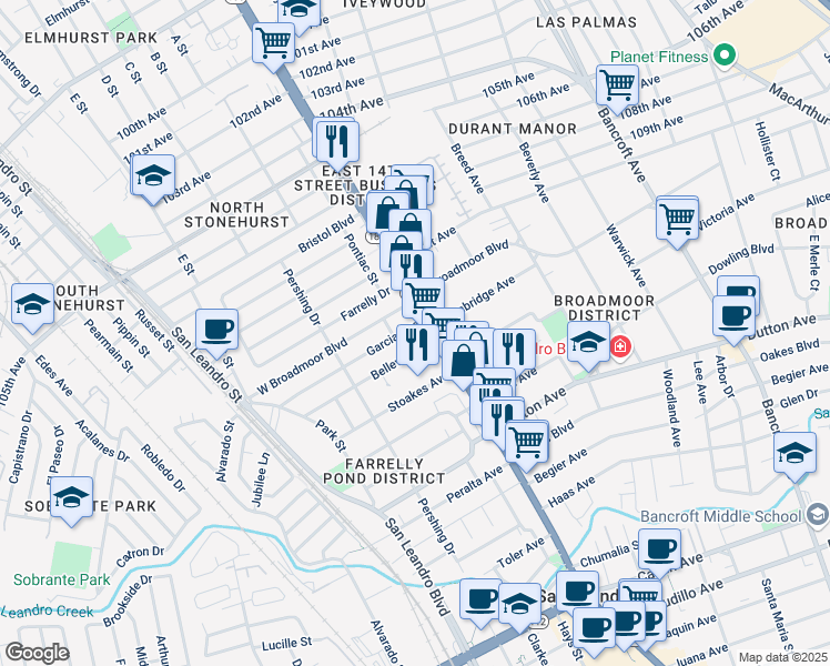map of restaurants, bars, coffee shops, grocery stores, and more near 145 Garcia Avenue in San Leandro