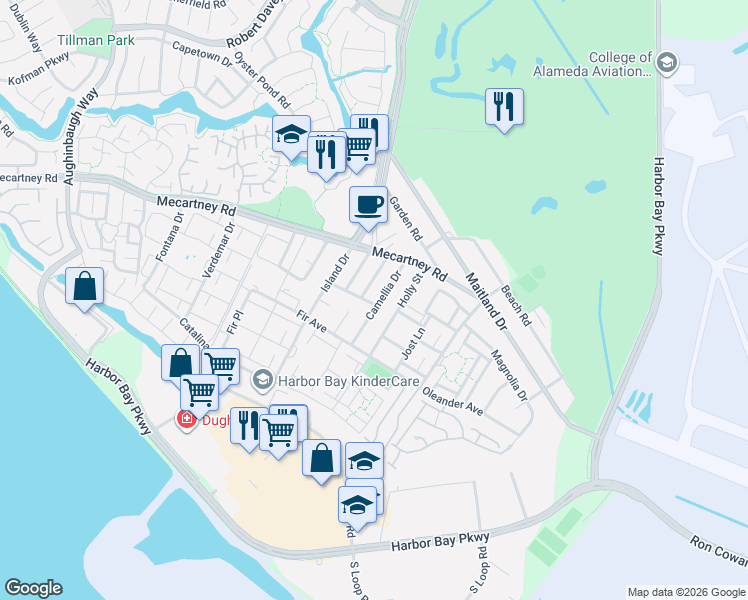 map of restaurants, bars, coffee shops, grocery stores, and more near 1035 Begonia Drive in Alameda
