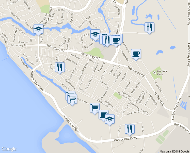 map of restaurants, bars, coffee shops, grocery stores, and more near 3203 Wake Lane in Alameda