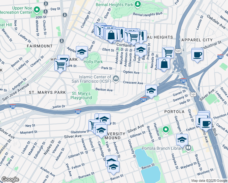 map of restaurants, bars, coffee shops, grocery stores, and more near in San Francisco
