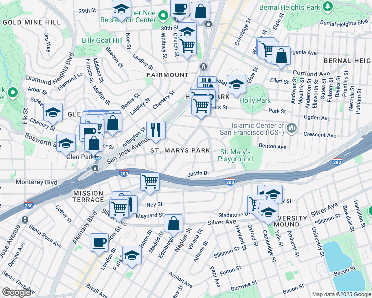 map of restaurants, bars, coffee shops, grocery stores, and more near in San Francisco