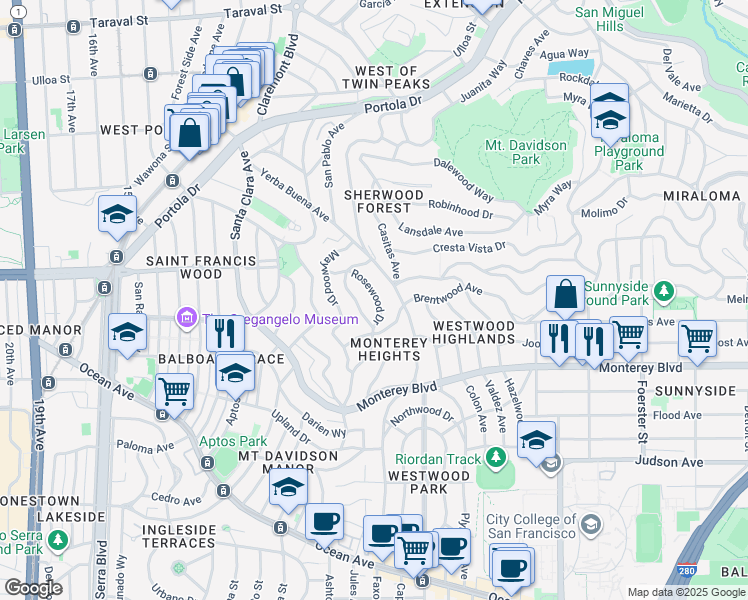 map of restaurants, bars, coffee shops, grocery stores, and more near 47 Rosewood Drive in San Francisco