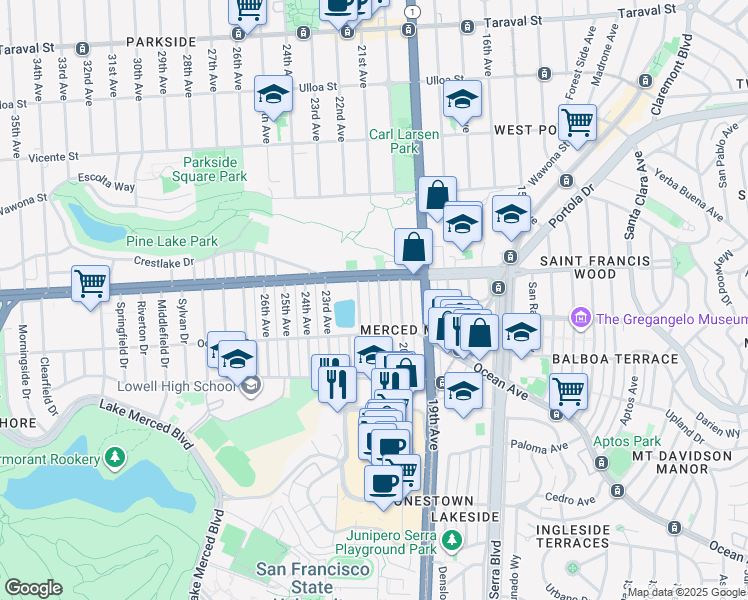map of restaurants, bars, coffee shops, grocery stores, and more near 2926 22nd Avenue in San Francisco
