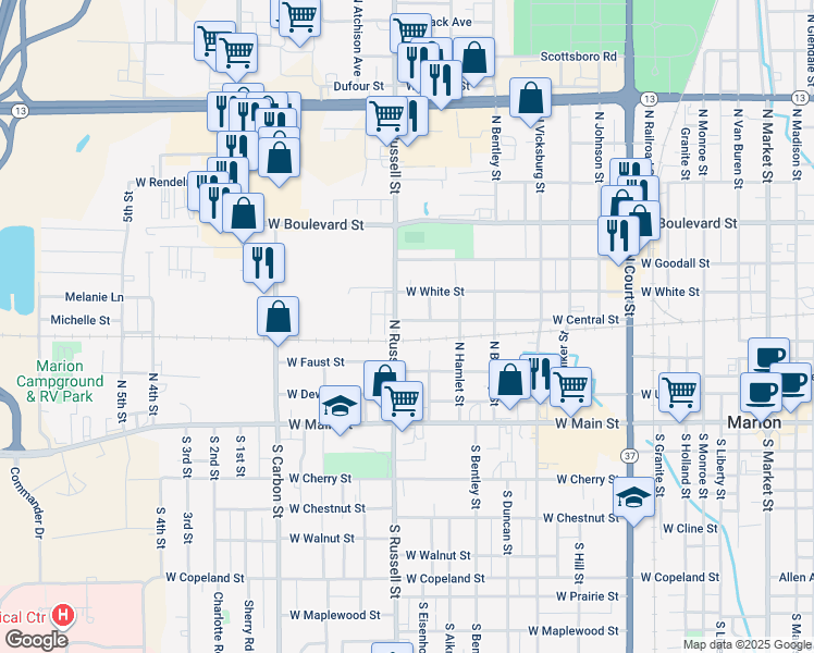 map of restaurants, bars, coffee shops, grocery stores, and more near 1303 West Central Street in Marion