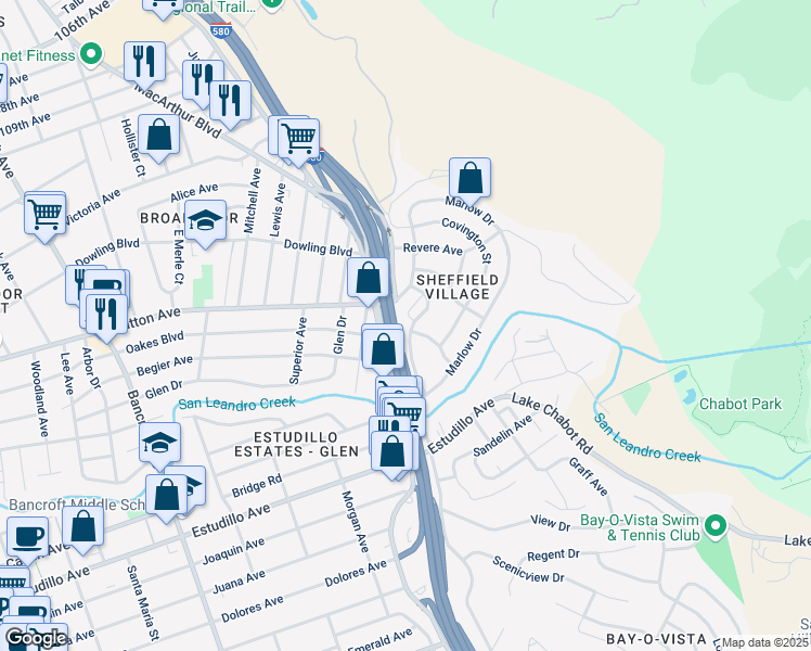 map of restaurants, bars, coffee shops, grocery stores, and more near 3076 Middleton Drive in Oakland