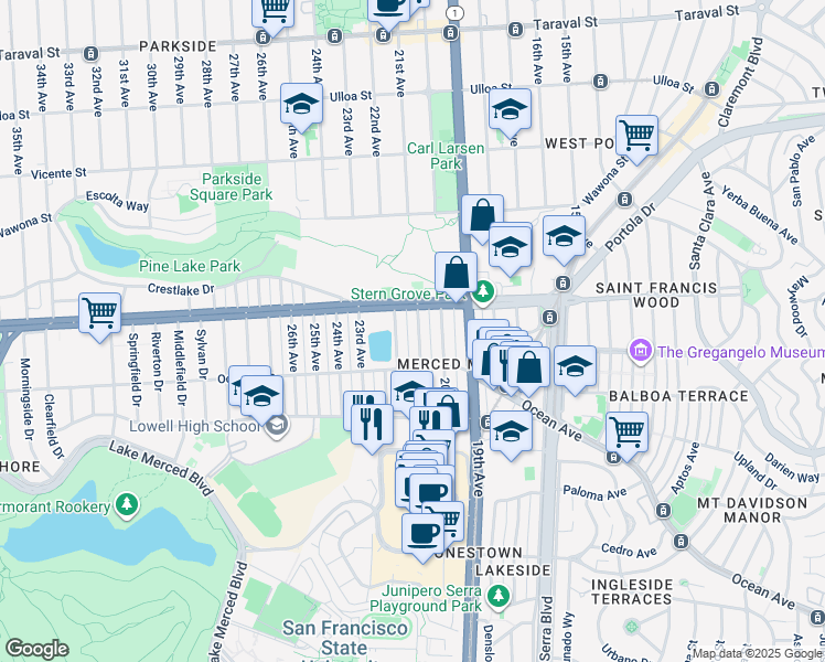 map of restaurants, bars, coffee shops, grocery stores, and more near 2926 22nd Avenue in San Francisco