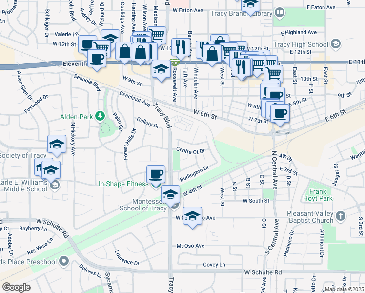 map of restaurants, bars, coffee shops, grocery stores, and more near 545 Centre Court Drive in Tracy