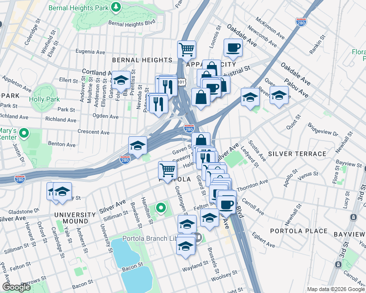 map of restaurants, bars, coffee shops, grocery stores, and more near 2 Gaven Street in San Francisco