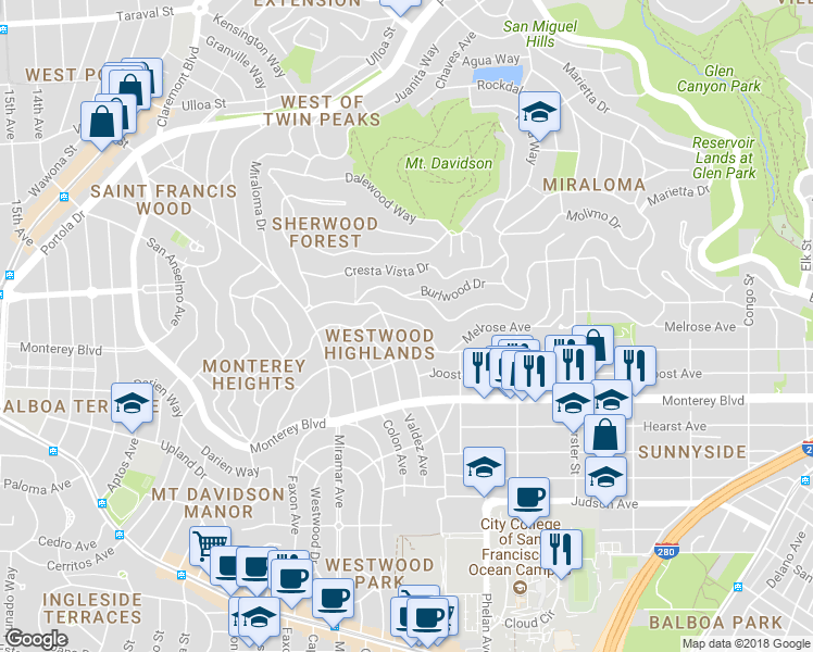 map of restaurants, bars, coffee shops, grocery stores, and more near 61 Brentwood Avenue in San Francisco