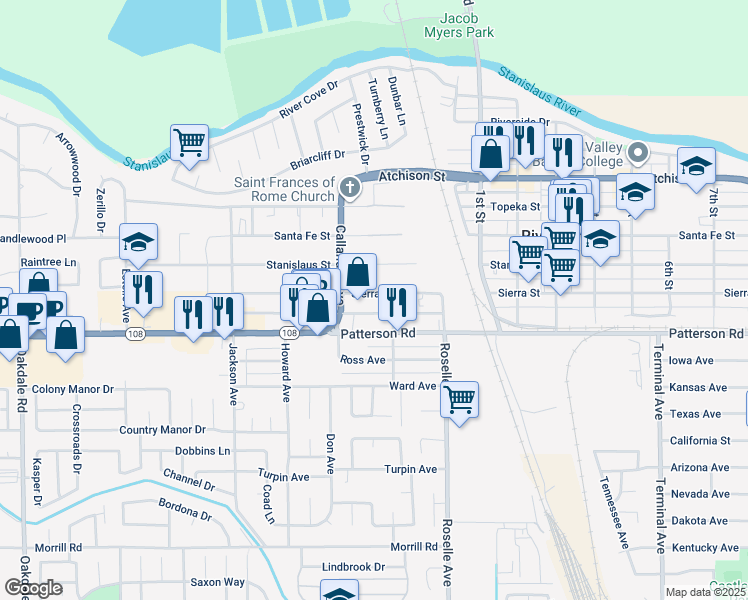 map of restaurants, bars, coffee shops, grocery stores, and more near 2830 Sierra Street in Riverbank