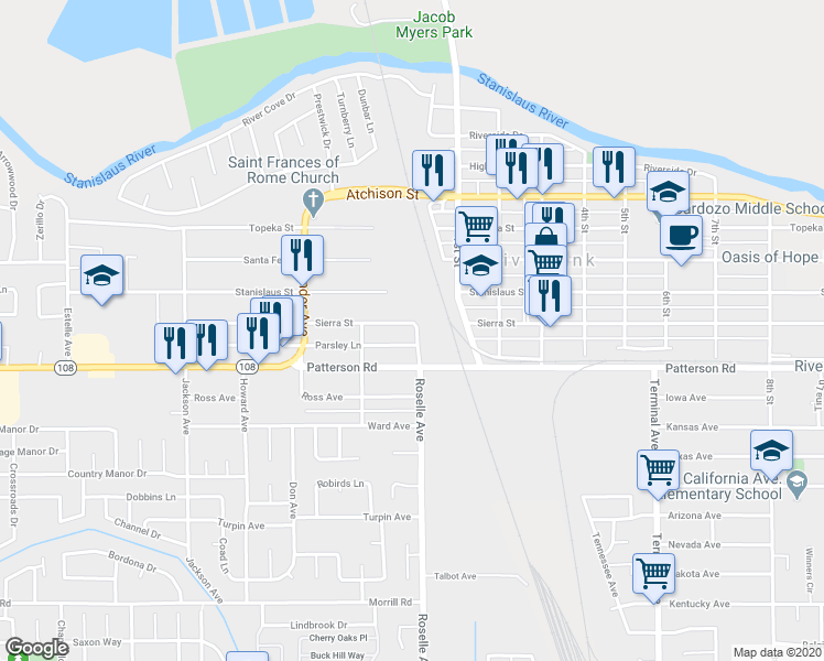 map of restaurants, bars, coffee shops, grocery stores, and more near 2956 Sierra Street in Riverbank