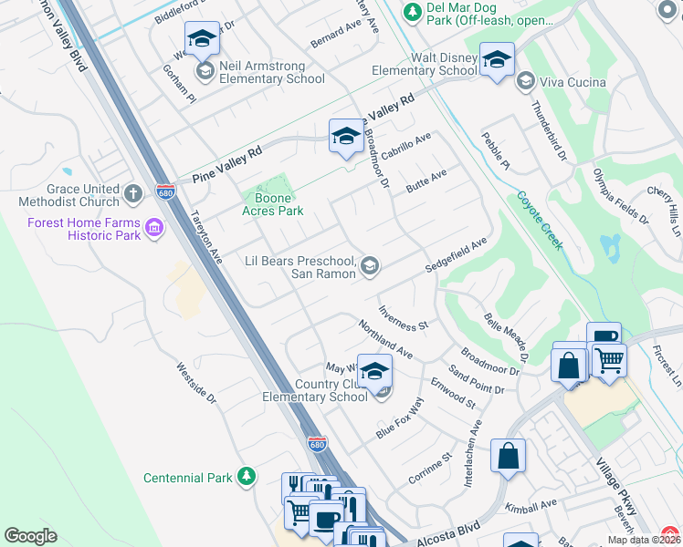 map of restaurants, bars, coffee shops, grocery stores, and more near 71 Hazelnut Court in San Ramon