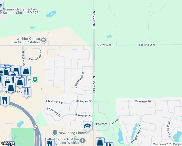 map of restaurants, bars, coffee shops, grocery stores, and more near 2754 North 127th Street East in Wichita