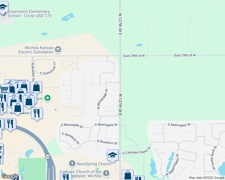 map of restaurants, bars, coffee shops, grocery stores, and more near 2725 N 127th Street East in Wichita