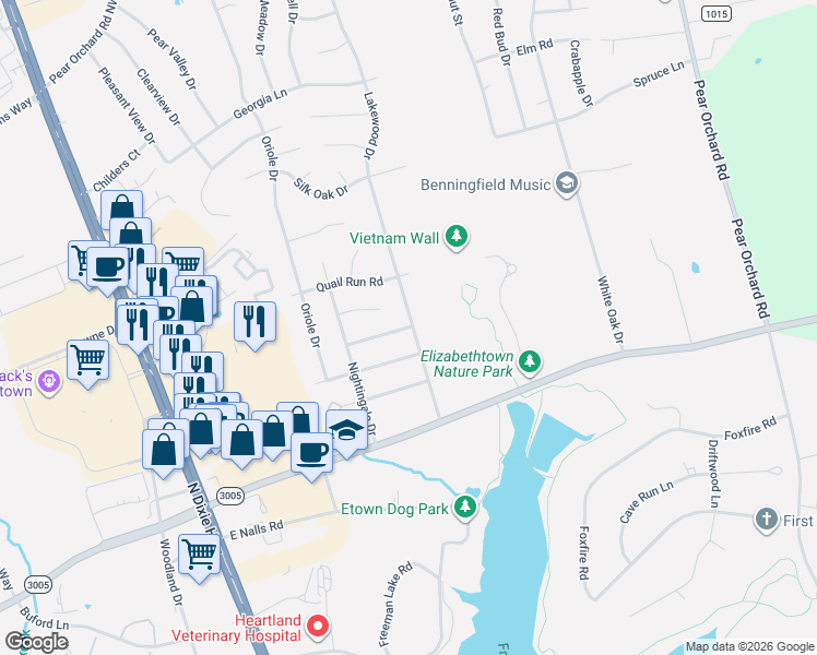 map of restaurants, bars, coffee shops, grocery stores, and more near 398 Pigeon Pass Rd in Elizabethtown