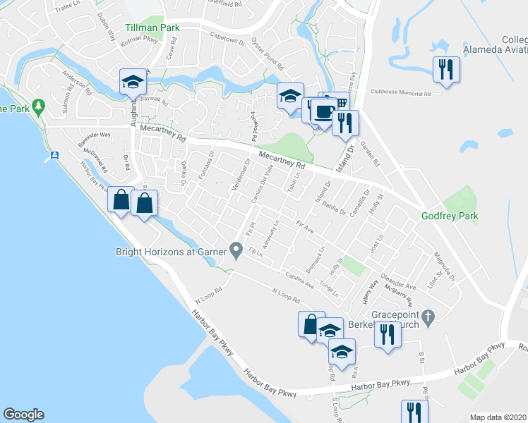 map of restaurants, bars, coffee shops, grocery stores, and more near 3150 Fir Avenue in Alameda