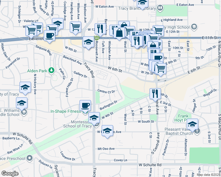 map of restaurants, bars, coffee shops, grocery stores, and more near 458 Rockingham Way in Tracy