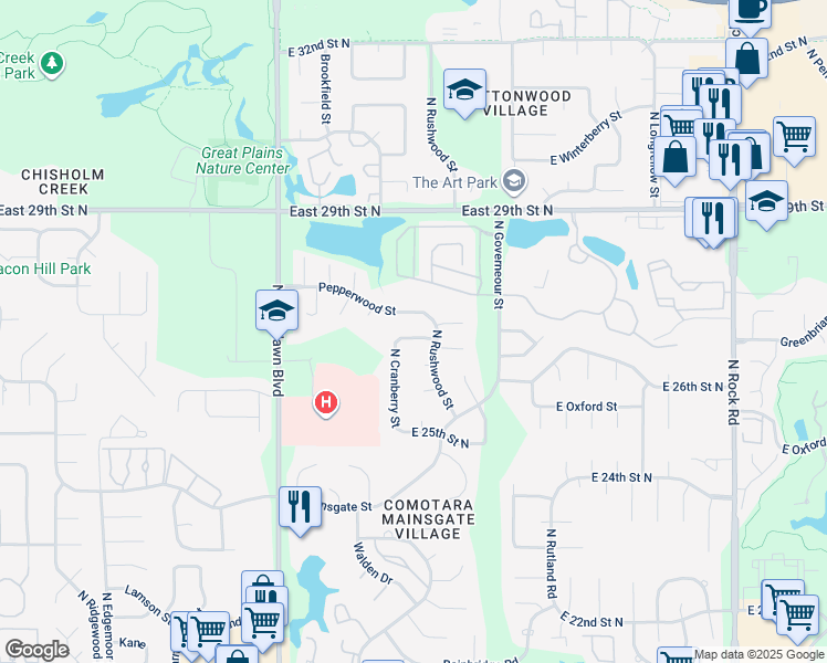 map of restaurants, bars, coffee shops, grocery stores, and more near 6822 East 27th Street North in Wichita