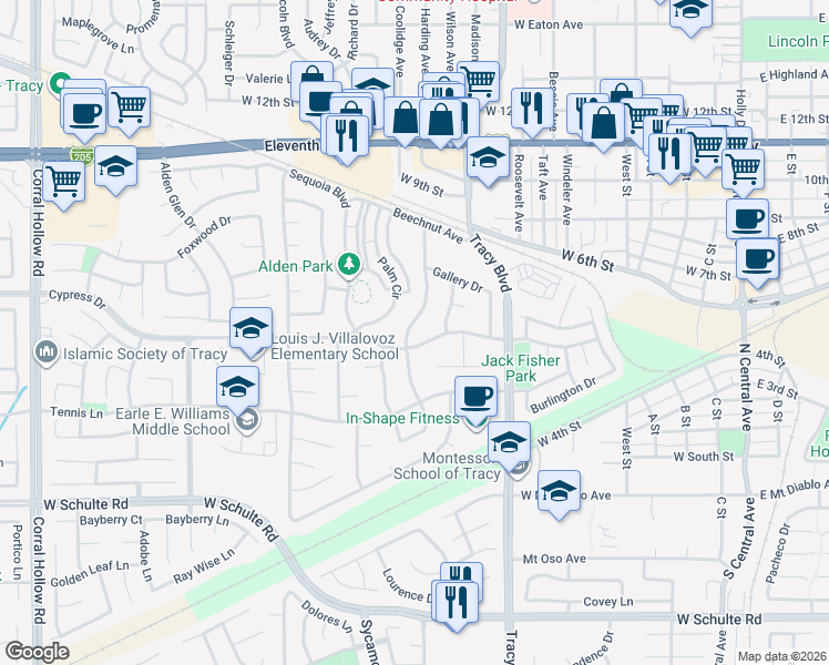 map of restaurants, bars, coffee shops, grocery stores, and more near 420 Forest Hills Drive in Tracy